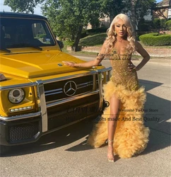 Sexy Sparkly Gold Diamonds Mermaid Prom Dress Sheer Glitter Rhinestones Beads Ruffles Birthday Party Dress Formal Evening Gowns