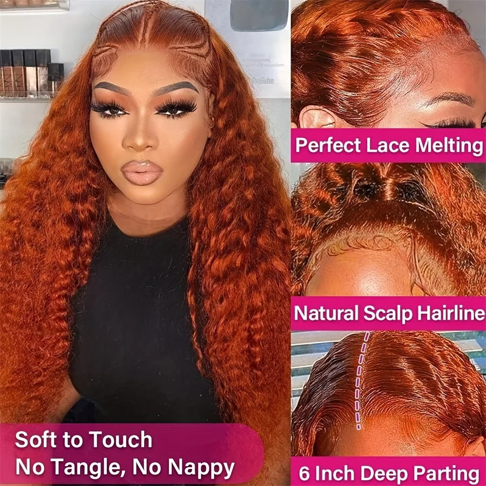 200 Density Ginger Orange Curly 13x4 HD Lace Frontal Human Remy Hair Colored Transparent Deep Wave 13x6 Lace Front Wig For Women 4