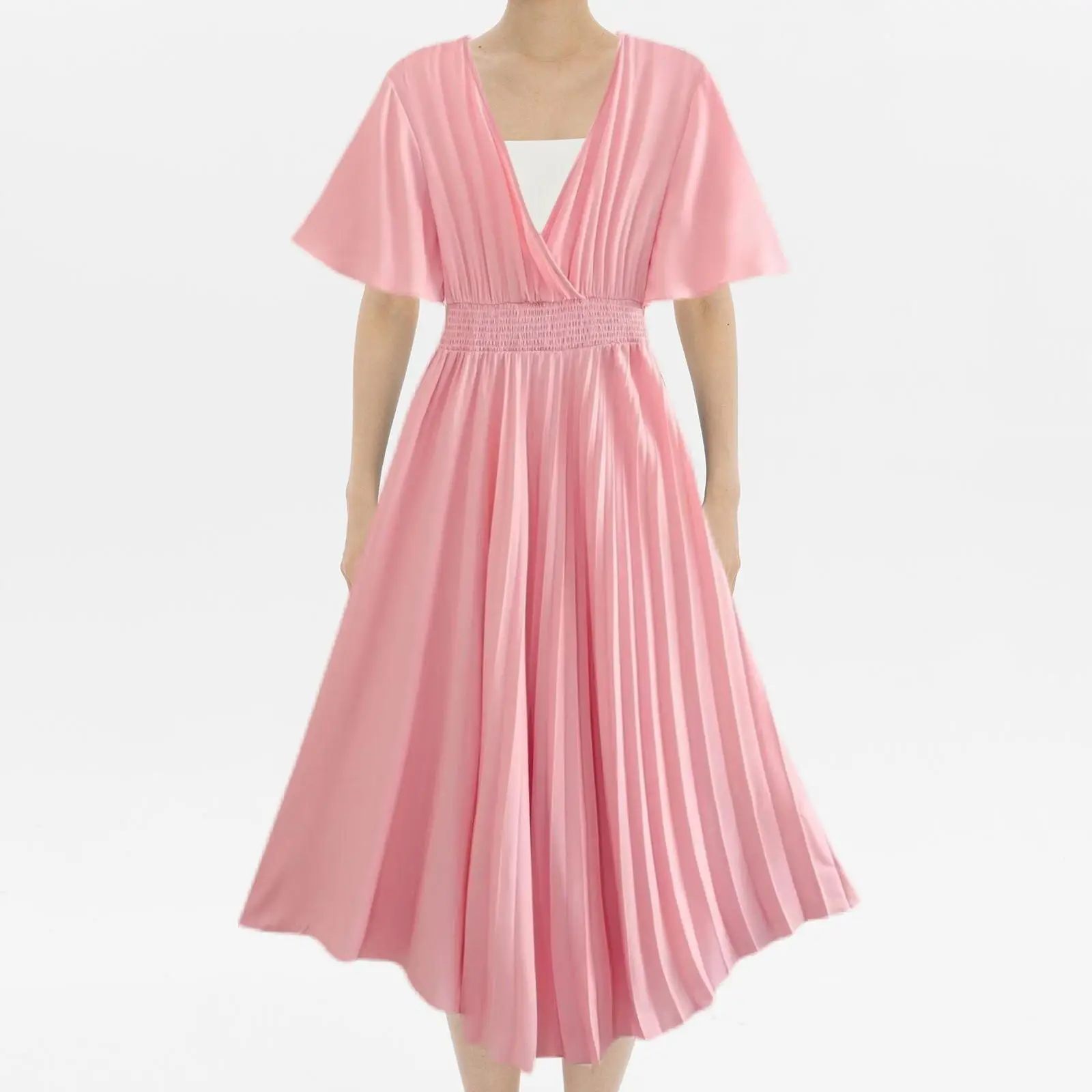 

Women's denim imitation silk V-neck pleated dress