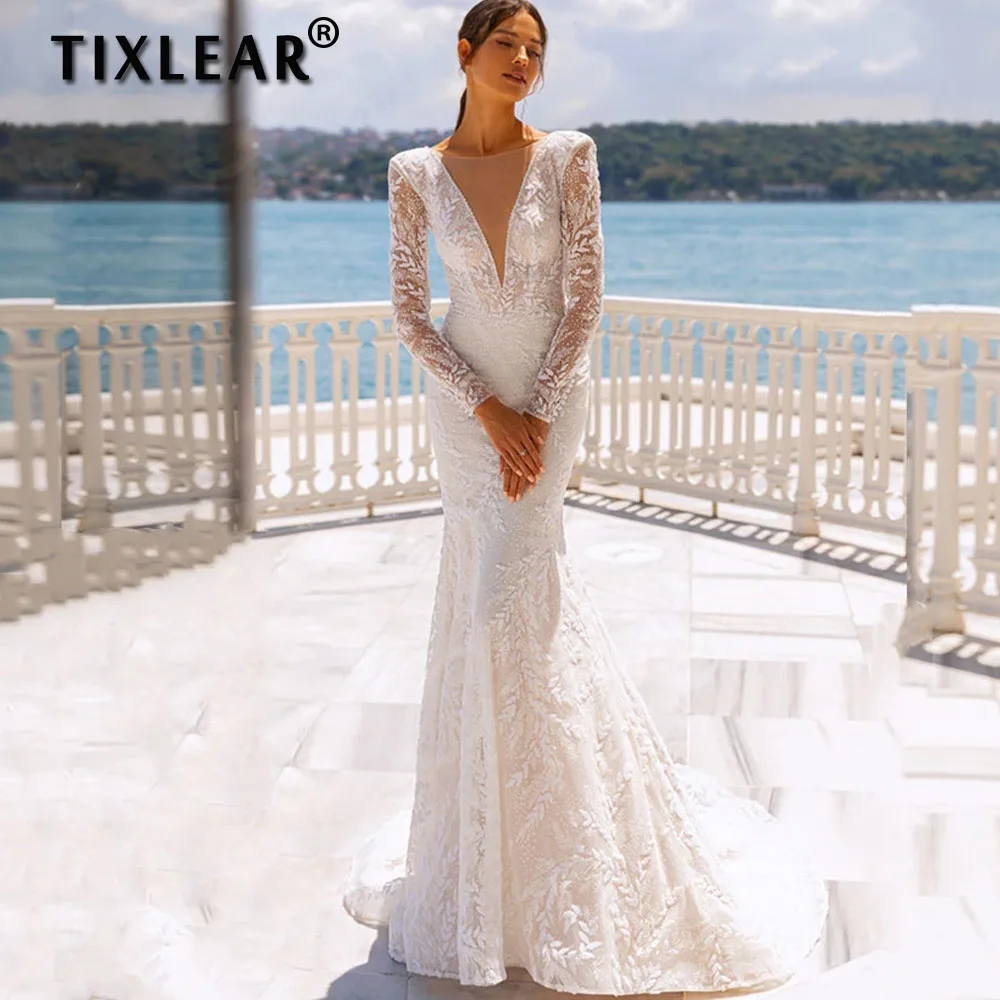 

Женское свадебное платье с юбкой годе TIXLEAR, кружевное платье с длинным рукавом, глубоким V-образным вырезом и открытой спиной, пляжное платье...