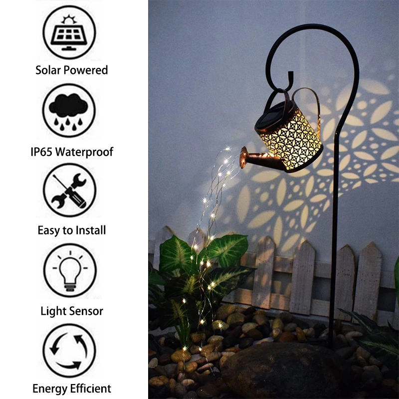 LED Solar Watering Can Lights Outdoor Decorative Hanging Lantern Waterproof Hollow Water Sprinkle Landscape Lamps