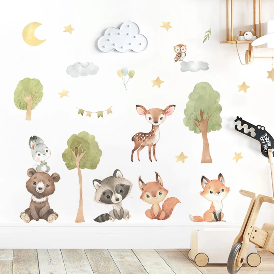 Autocollants muraux en aquarelle, dessin animé d'animaux de la forêt, ours,  lapin, pour chambre d'enfants, pour chambre de bébé, Stickers muraux,  décoration de maison - AliExpress