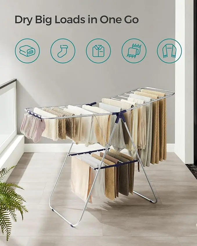 Foldable Clothes Drying Rack - Includes Sock Clips, 2 Height-Adjustable Gullwings, Silver and Blue Design, Perfect for Indoor or 3