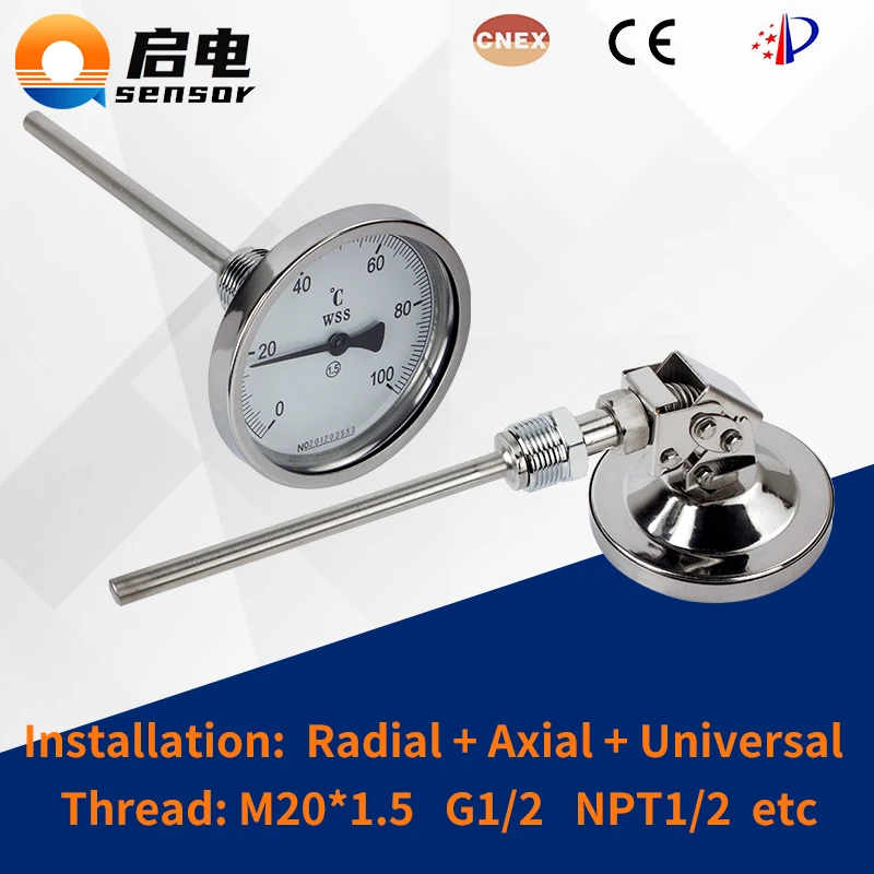 HD Stainless Steel bi-metallic Thermometer 0-50~300 degrees, Probe length  L=100, 1/4PT Thread WSS-303