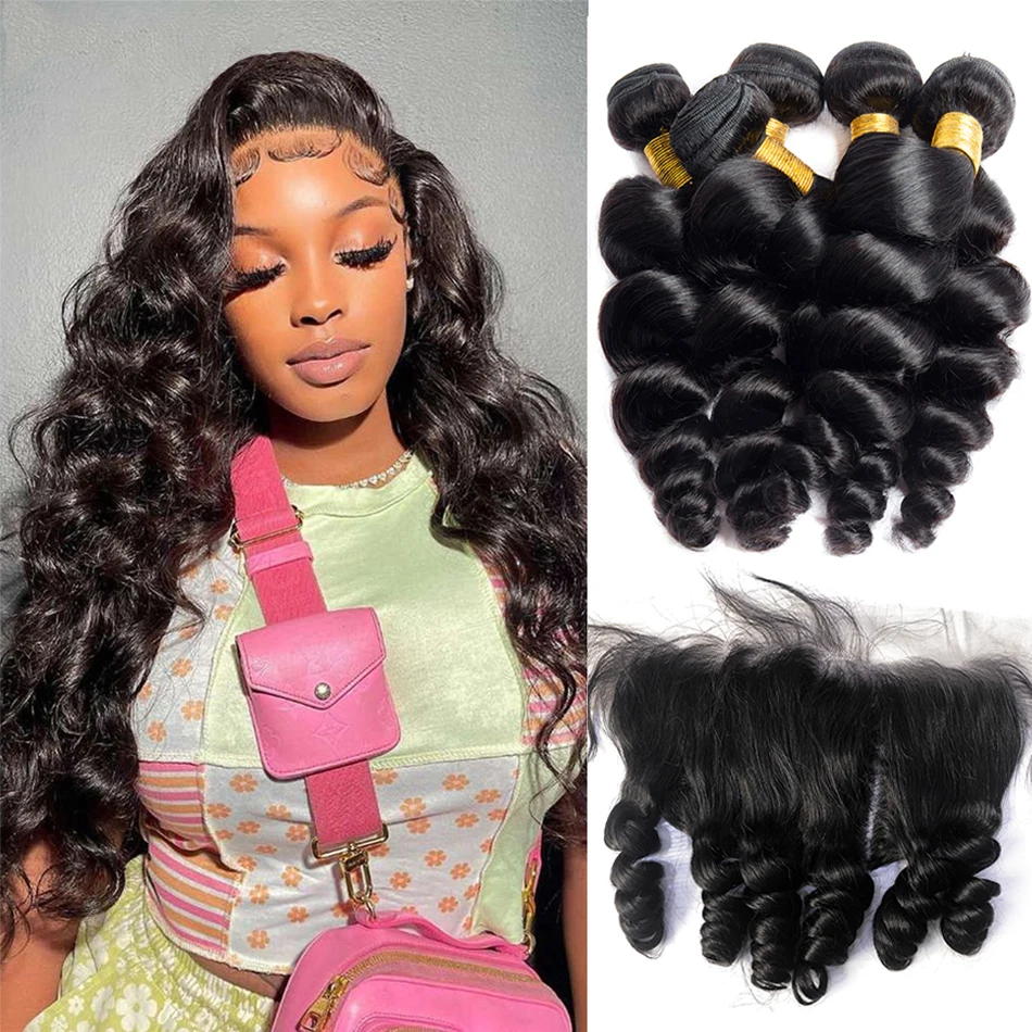 

Peruvian Hair Bundles With Frontal Unprocessed Virgin Human Hair Closure and 3 4 Bundles Deal Loose Wave Bundles With Closure