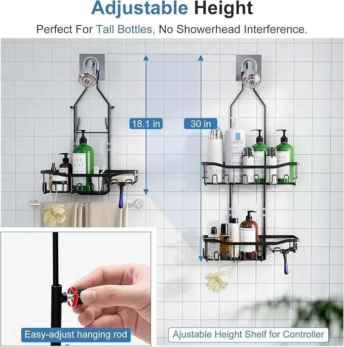 Upgraded Extended - Length Hanging Shower Organizer. Features Hooks, Rustproof Shampoo & Soap Holder. Large - Capacity Bathroom 2