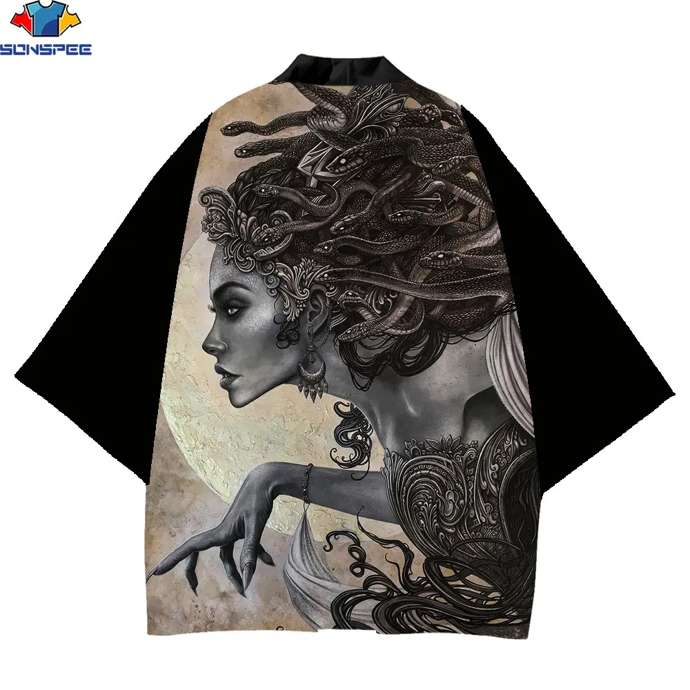 SONSPEE 3D Print kimono Medusa Anime Sexy Power Beauty Funny Women Haori Obi Yukata Men Cardigan japan Traditional streetwear sonspee 3d anime macross print kimonos harajuku sci fi mecha fighter casual new casual trend oversized kimono homme women s tops