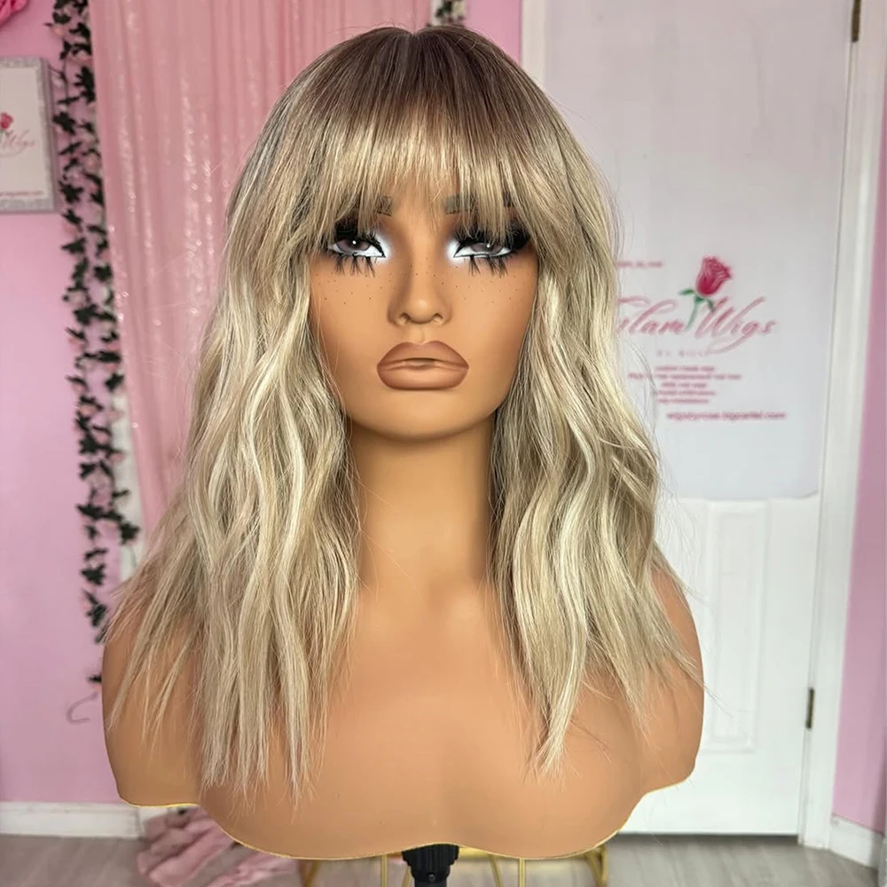 18" Blonde Wig with Full Fringe Bangs Balayage Virgin Human Hair Lace Front Wig 150 Density HD Invisible Lace MultiPart