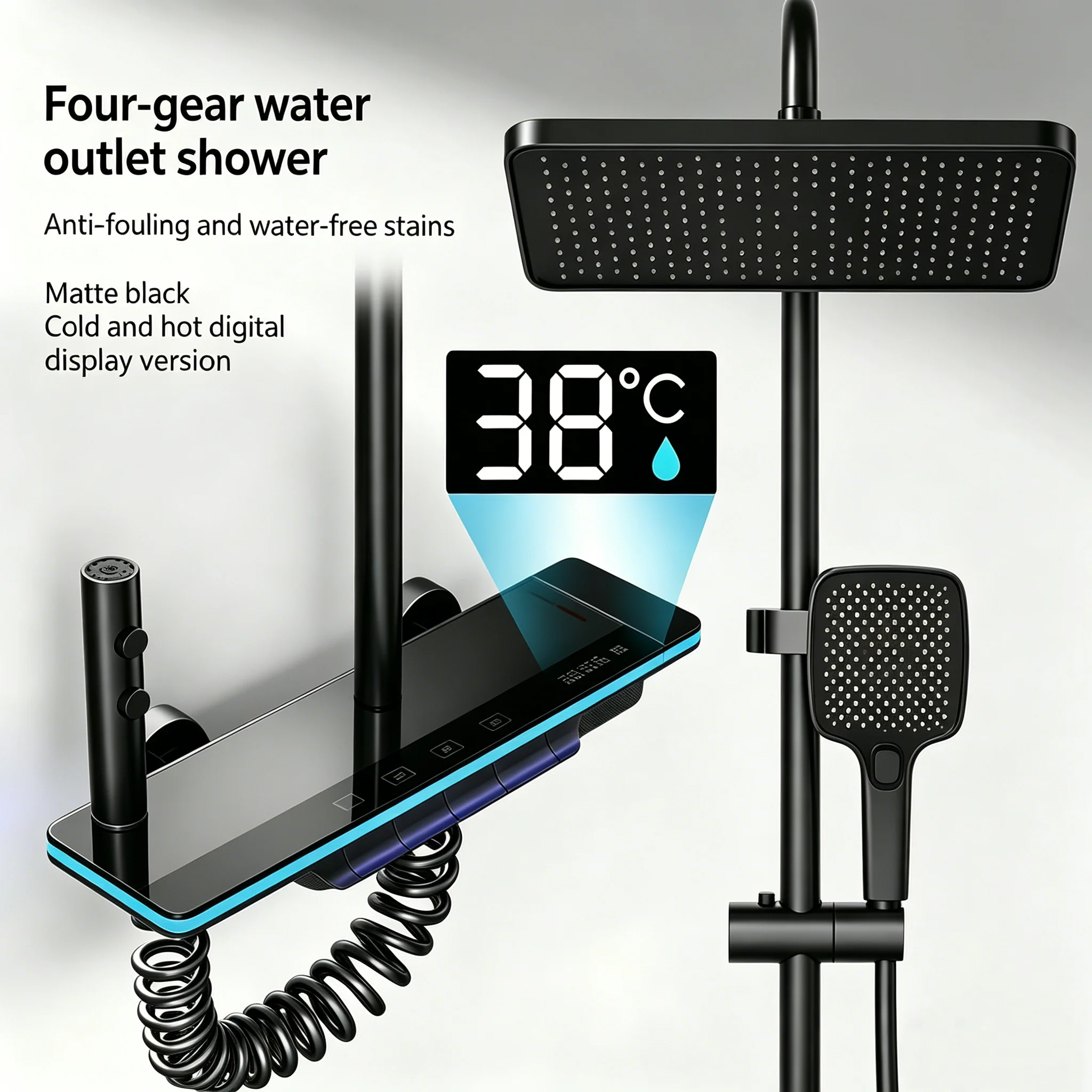 Système de douche de luxe pour salle de bain avec éclairage, verre trempé, affichage numérique intelligent à touches piano, thermostat, mitigeur de douche, ensemble complet 1