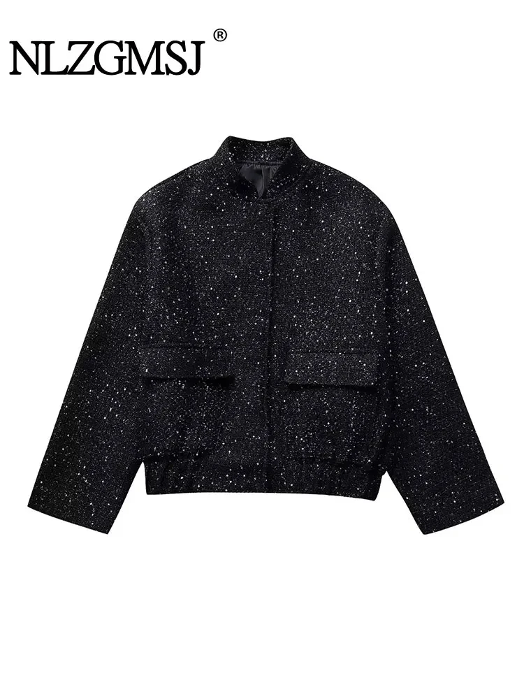 Nlzgmsj – veste à paillettes brillantes pour femme, manteau court à manches longues et col montant, couleur or Y2k, automne hiver, haut pour femme, Streetwear - AliExpress
