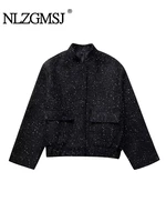 Nlzgmsj Women Shiny Sequin Jacket Y2k Gold Color Stand Collar Long Sleeve Short Coat Autumn Winter Ladies High Streetwear 1