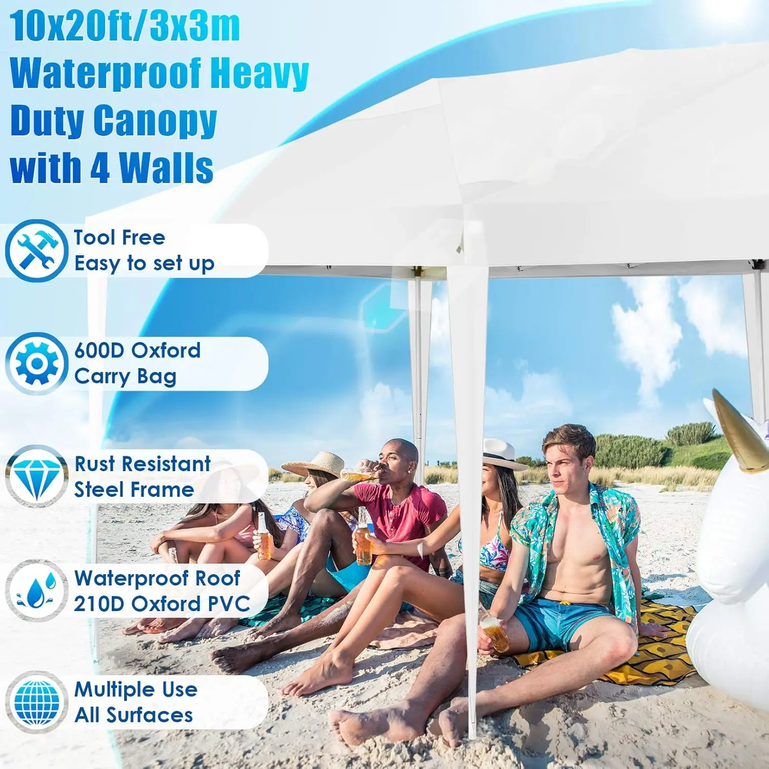 3x6m Folding Pavilion Waterproof Stable Party Tent with 6 Side Panels Pop-up Garden Canopy 3 Height Adjustable for Beach,Wedding