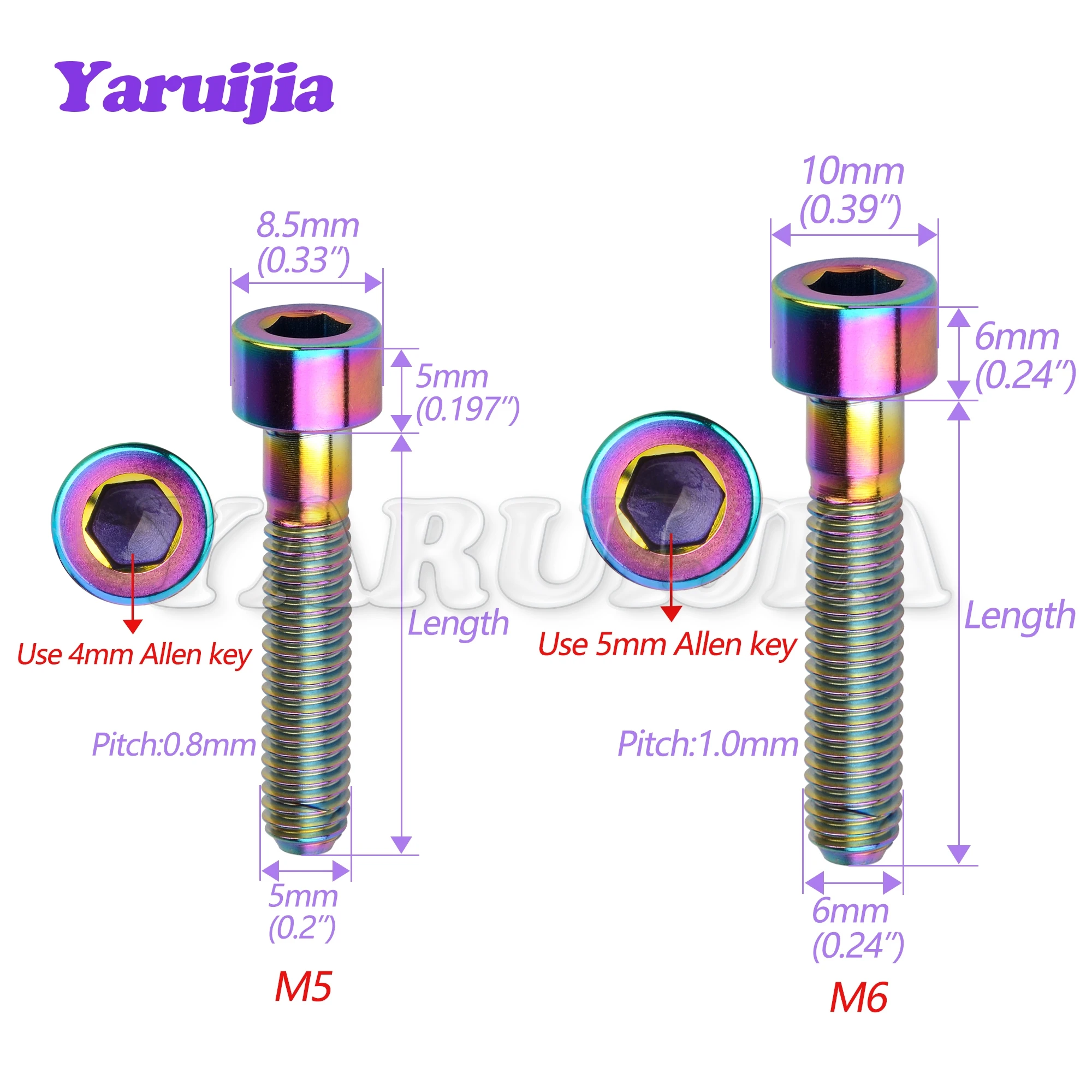 Titanium Bolts Yaruijia Titanium Bolts M5/M6x10/12/15/16/18/20/23/25/30/35/40/45/50/55/60/65mm Allen Key for Bicycle Stem Seatpost Bike Parts