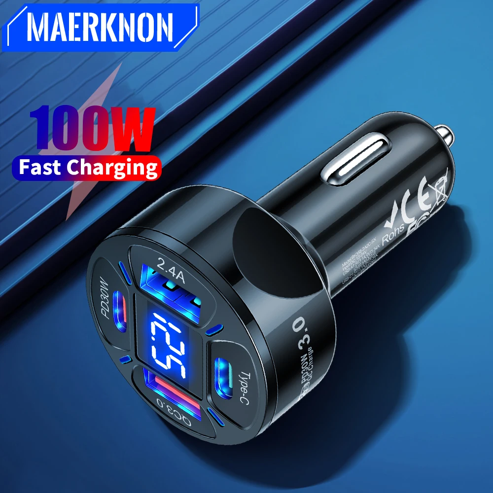 100W USB C Car Charger 4 Ports PD Fast Charging Car Phone Charger For iPhone 15 Samsung Xiaomi LED Display Cigarette Lighter