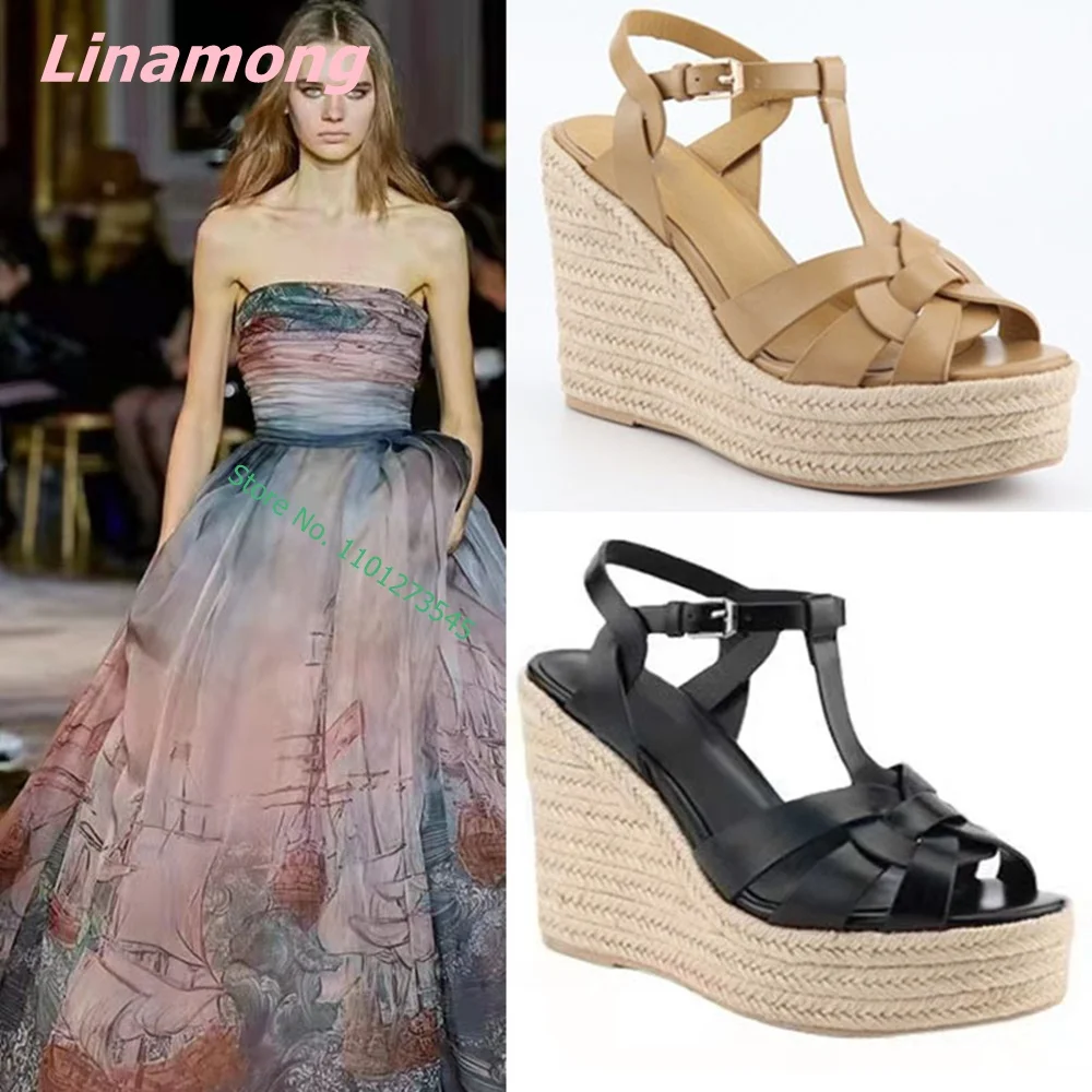 

2022 Summer New Peep Toe Women Sandals Platform Wedges High Heel Hollow Solid Woven Retro Leather Free Shipping Casual Shoes