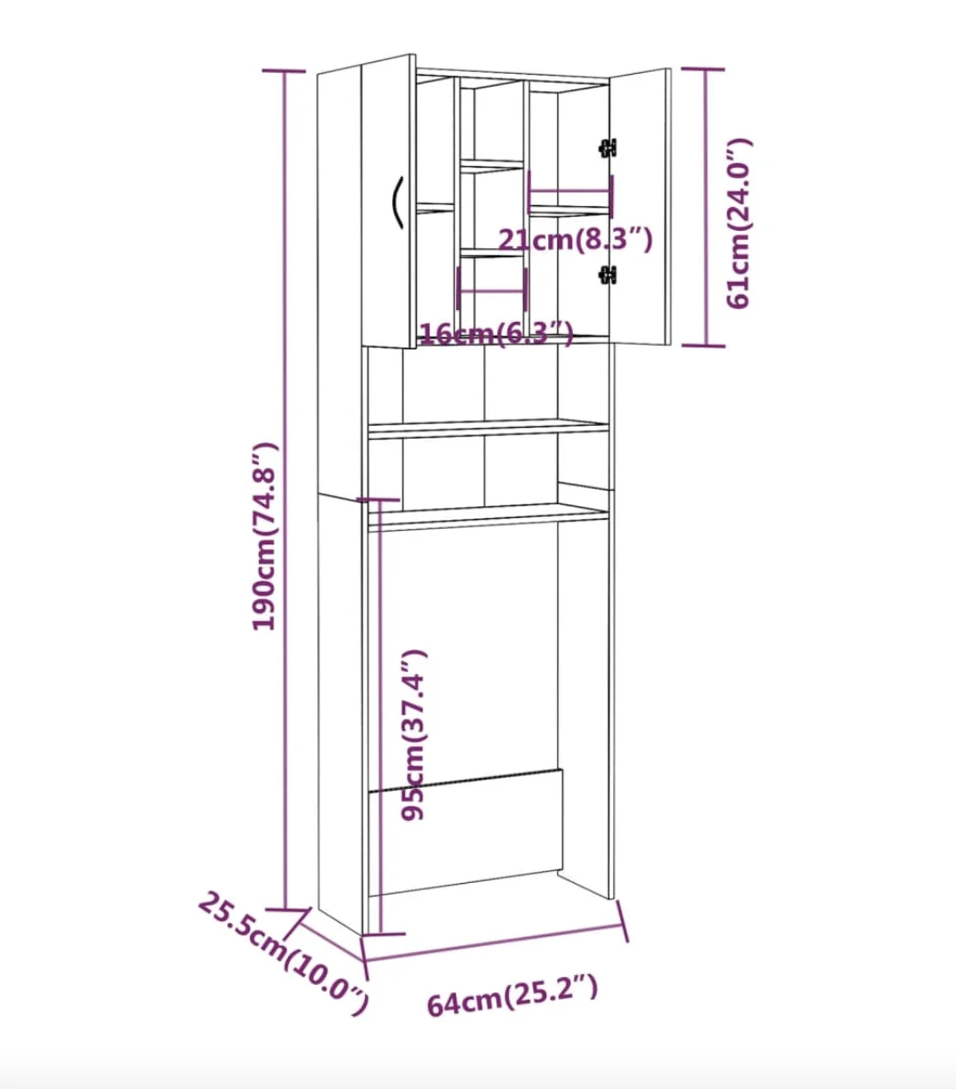 Armario de lavadora y WC 64x24x190 cm Mueble de baño Mueble de Lavadora  Estanteria sobre Inodoro