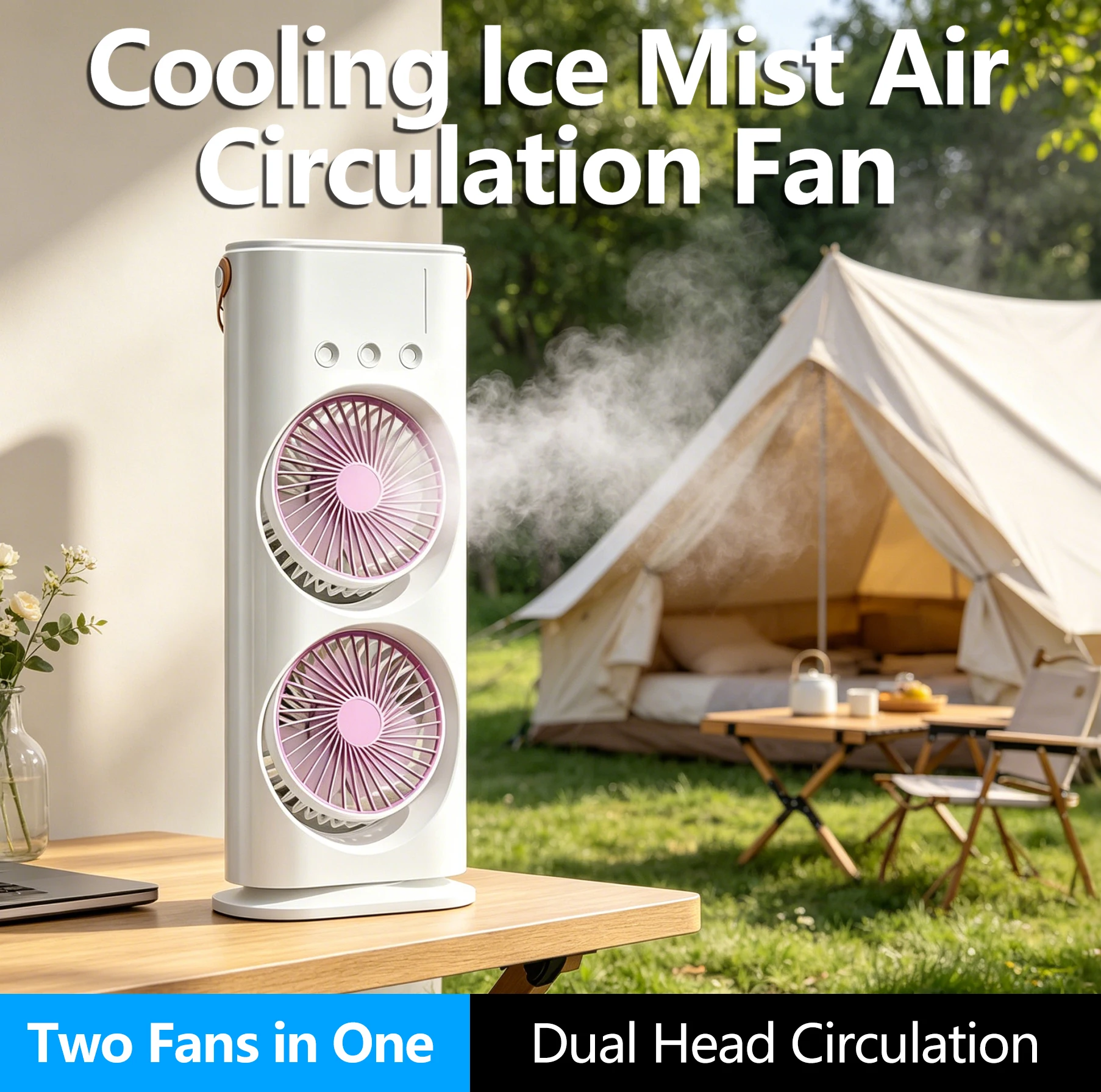 Aire acondicionado portátil de escritorio, ventilador de enfriamiento USB recargable con doble cabezal, ventilador de rociado con capacidad de balanceo y lámpara LED para enfriamiento del aire
