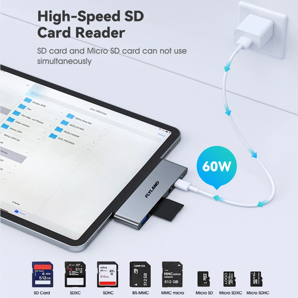 Flyland 6-in-1 USB Hub for iPad Pro 4K HDMI-compatible Type C Adapter Magnetic Holder 60W PD USB 3.0 Dongle usb hub adapter usb port adaptor usb hub converter