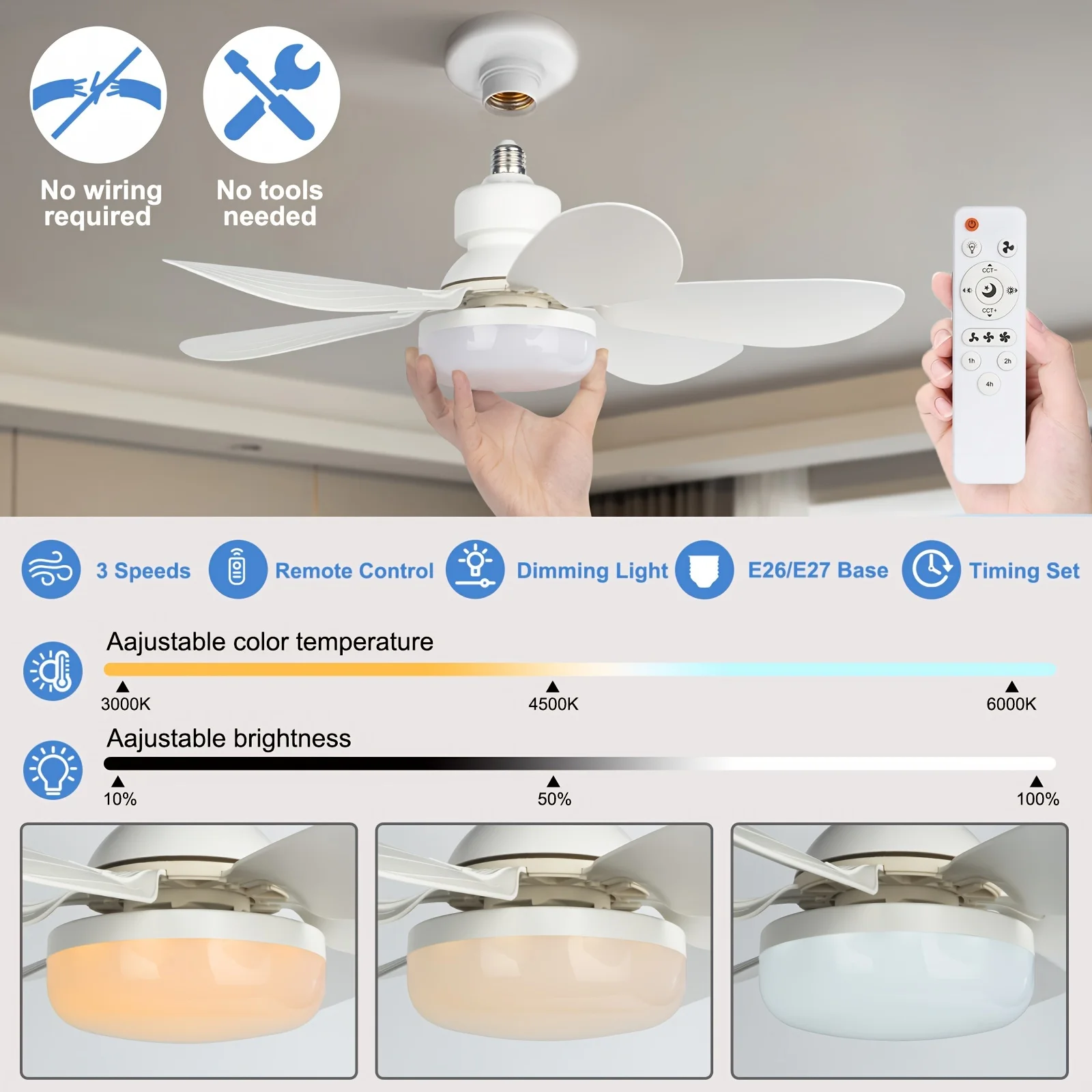 40W Socket Ceiling Fan with Light, 20.5in Screw Ceiling Fans with LED with Remote For Bedroom, Garage and Kitchen