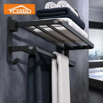 후크 벽걸이 선반 알루미늄 샤워 바 행거 레일 욕실 액세서리, 블랙 타월 랙, 40-50cm 이동식 홀더, 1 개