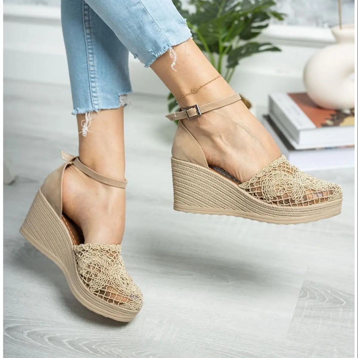 Women Wedge Heel Braided Mink Heels Shoes 2022 New Season Stylish Design Summer PU Comfortable High Sole