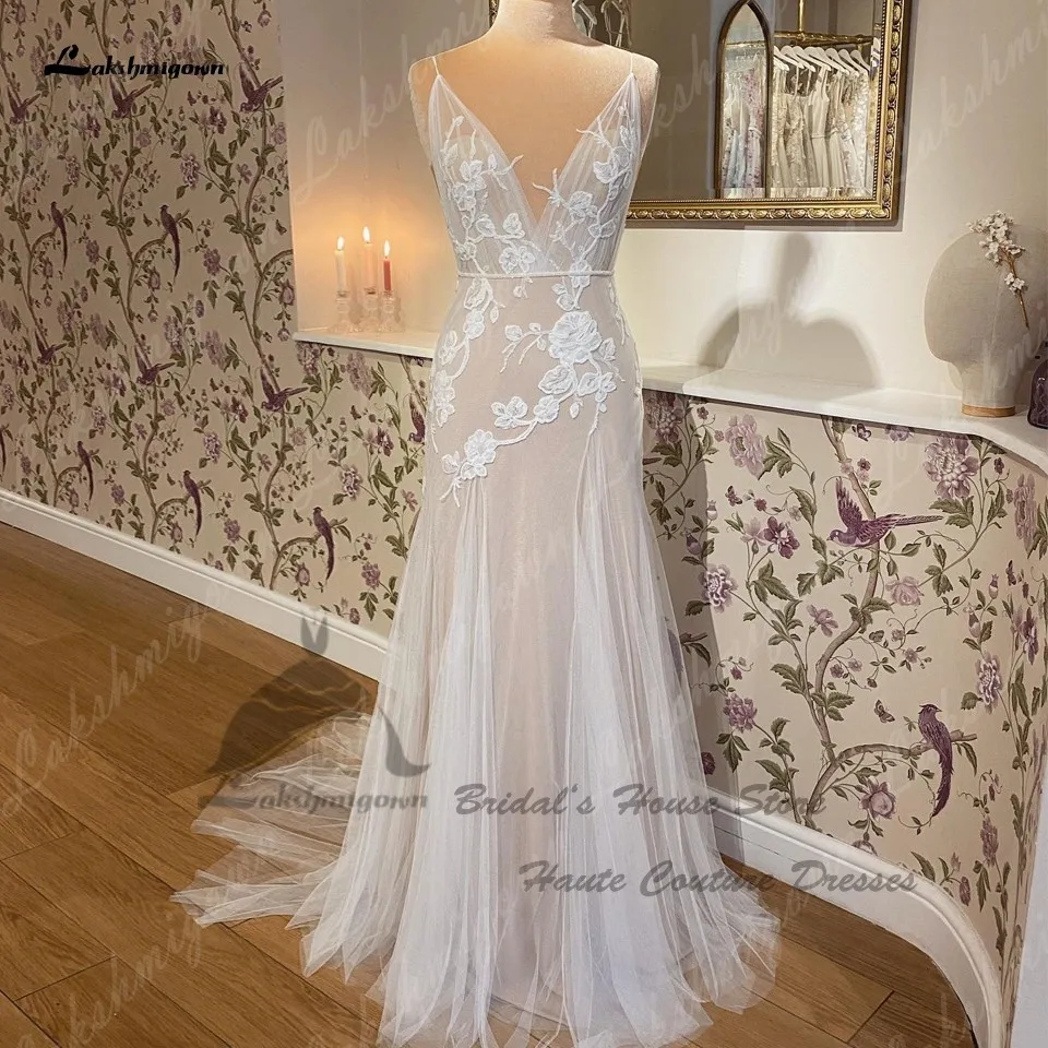 Champagne Boho Dress Women Mermaid Beach Wedding Dresses Robe Mariee 2024 Sexy Bridal Wedding Gowns Spaghetti Straps 2