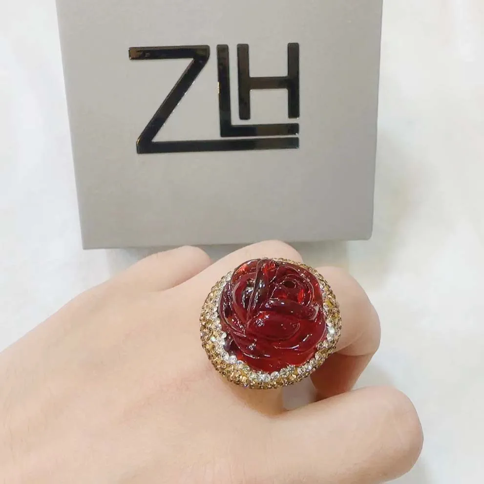 

ZLH новый дизайн, красная смола, роза, фотокольцо, 3 шт., регулируемое женское большое кольцо
