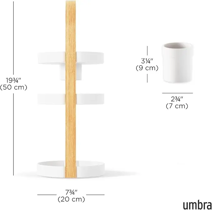 White/natural cosmetic organizer. Compact 50x19x19cm size. Sleek and functional for vanity storage. 3