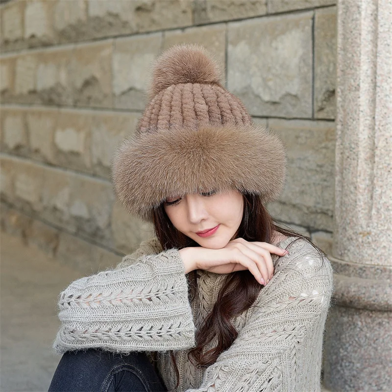 

New Women Winter Luxury Knitted Real Mink Fur Bomber Hat Natural Warm Fox Fur Cap Girls Quality Soft 100% Genuine Mink Fur Hats