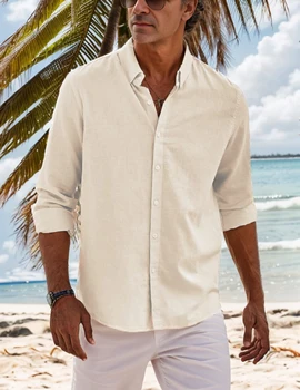 Men's Cotton Linen Collared Button-Up Business Shirt, Breathable and Comfortable, Suitable for Office and Formal Occasions 4