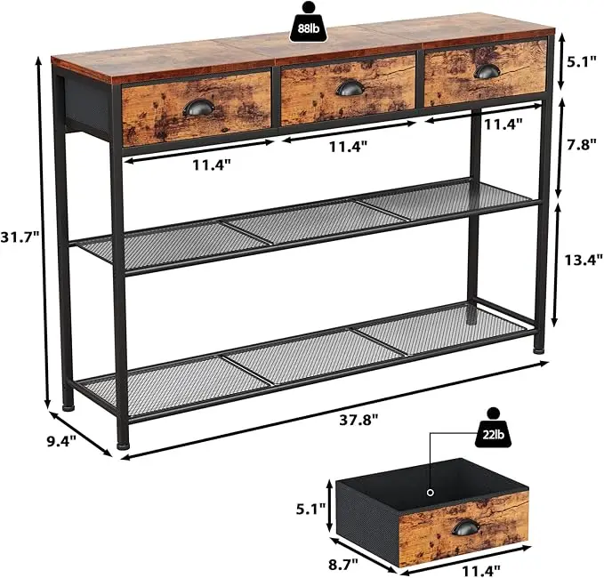 38" Console Sofa Table with 3 Fabric Drawers - Industrial Design with Storage Shelves - Rustic Brown Finish 3