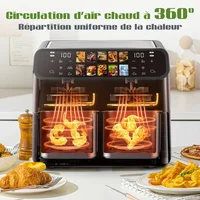 Friteuse à air chaud sans huile à double panier de 9 L avec fenêtre, friteuse électrique à air chaud avec minuterie, friteuse numérique de taille familiale pour usage domestique, 10 programmes automatiques avec écran tactile LED, 2 compartiments indépendants de 4,5 L, taille four familial 8
