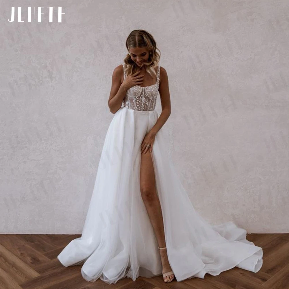 

JEHETH Beach Elegant Wedding Dresses Split Backless Lace Appliques Bridal Gown Square Neck Boho Spaghetti Straps فستان حفلات ال