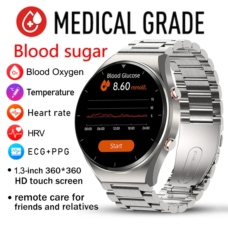 

Healthy Blood Sugar Smart Watch Men ECG+PPG Precise Body Temperature Heart Rate Monitor Smartwatch HRV Blood Pressure Watch 2023