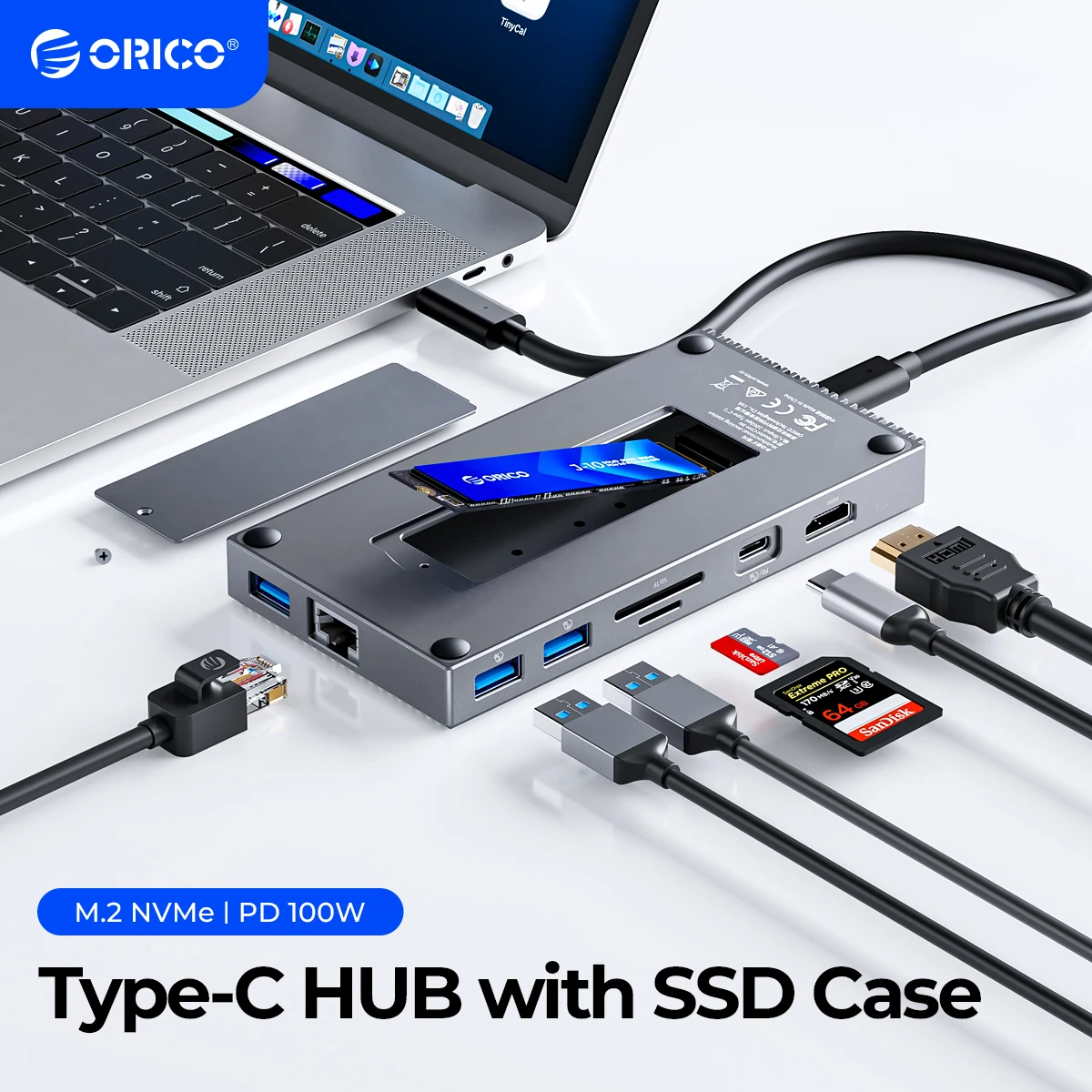 ORICO – HUB USB C avec boîtier SSD M.2 NVMe externe vers USB 3.1