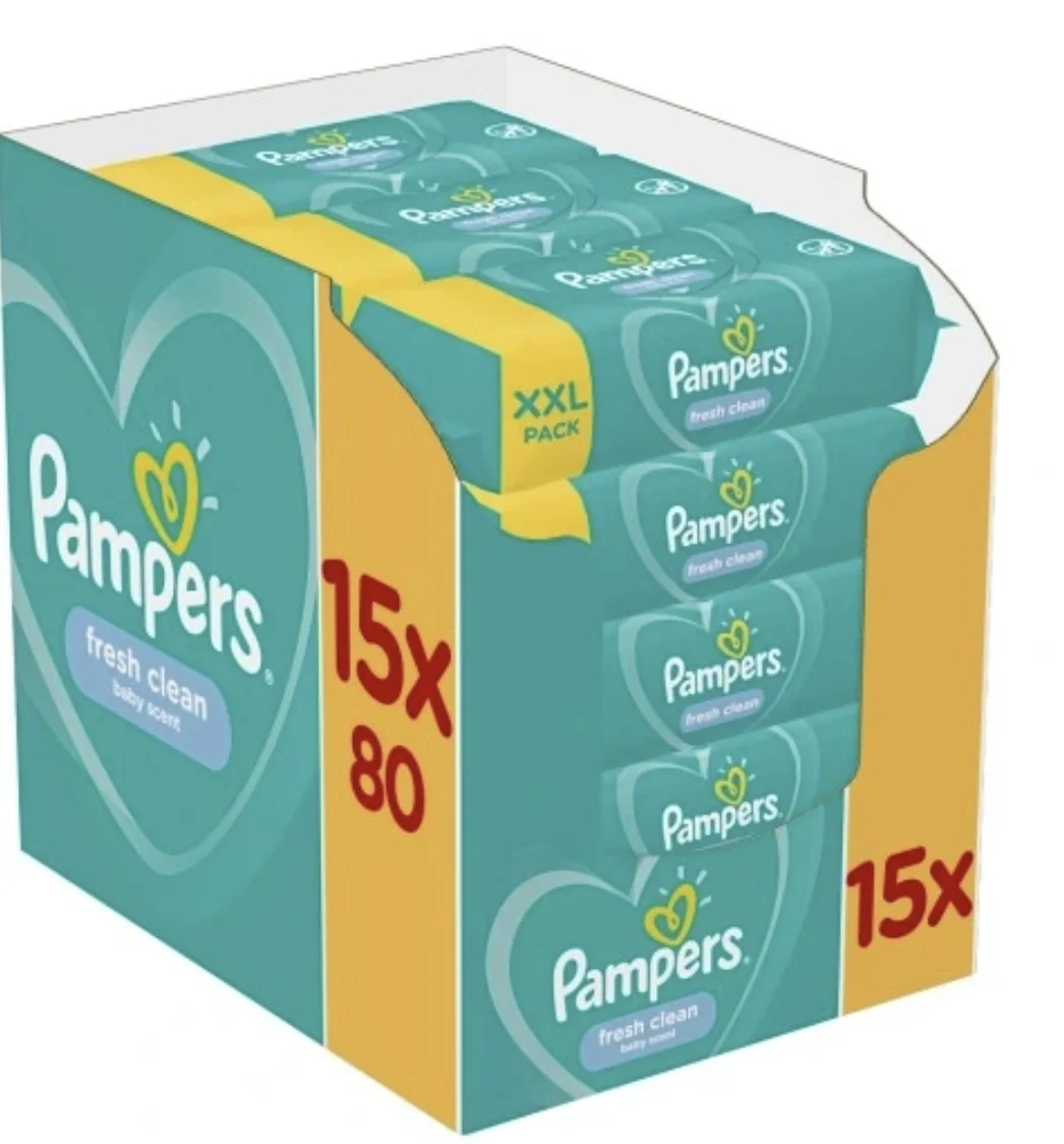 Chusteczki nawilżane Pampers Fresh Clean 15 x80szt z Polski za $21.39 / ~78zł