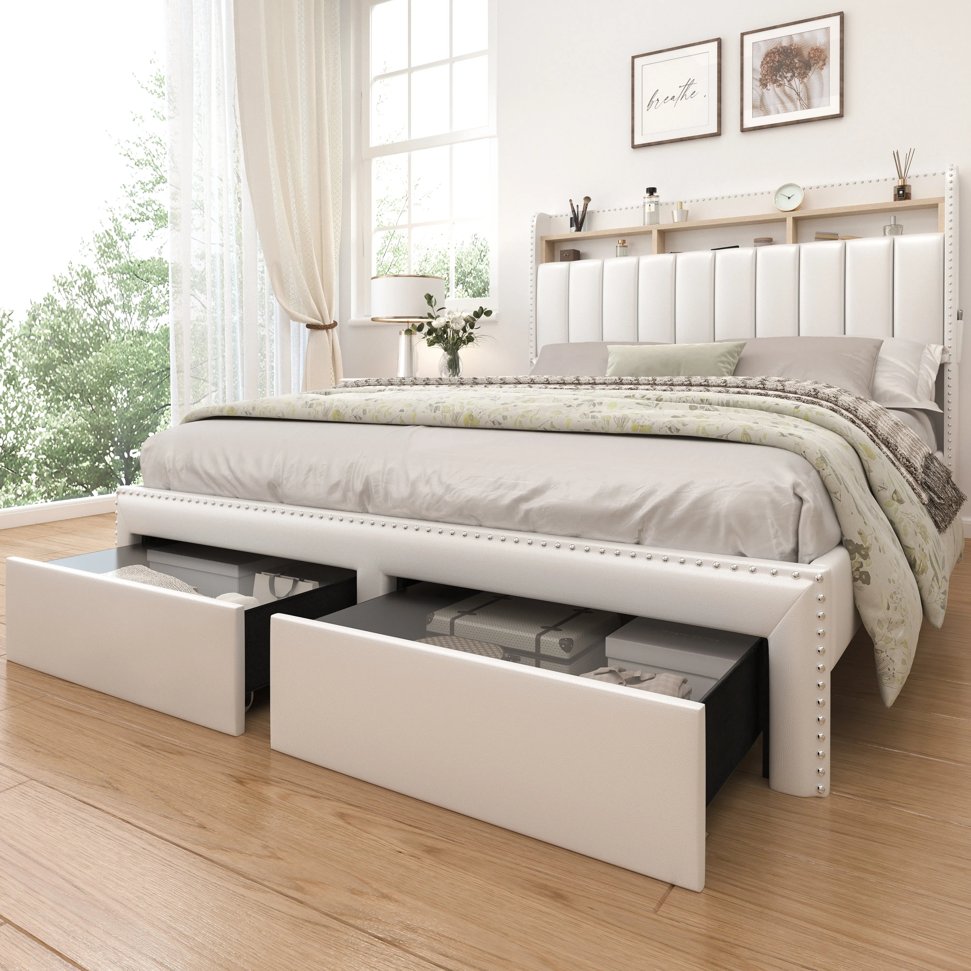 SIBEDS Queen LED Bed Frame with Storage Drawers, Upholstered Platform Bed with 2-Tier Wingback Headboard, No Box Spring Needed