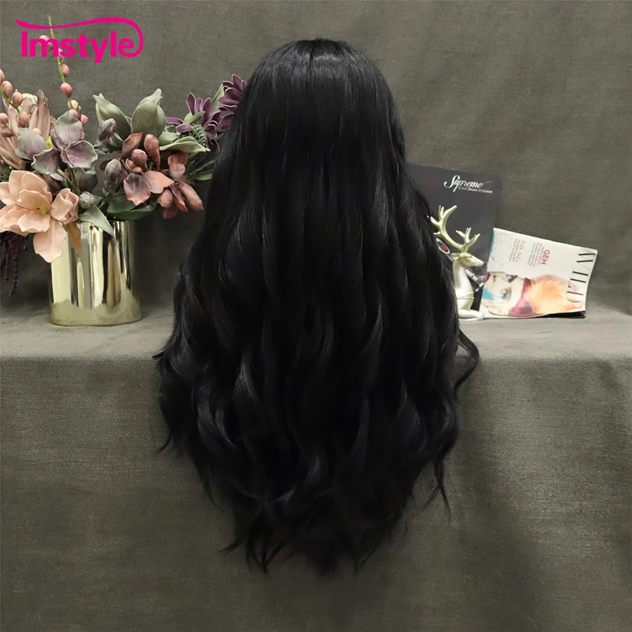 Jet Black Wigs Synthetic Lace Front Wig Heat Resistant Fiber Natural Wavy Long Wig Cosplay Daily Wigs