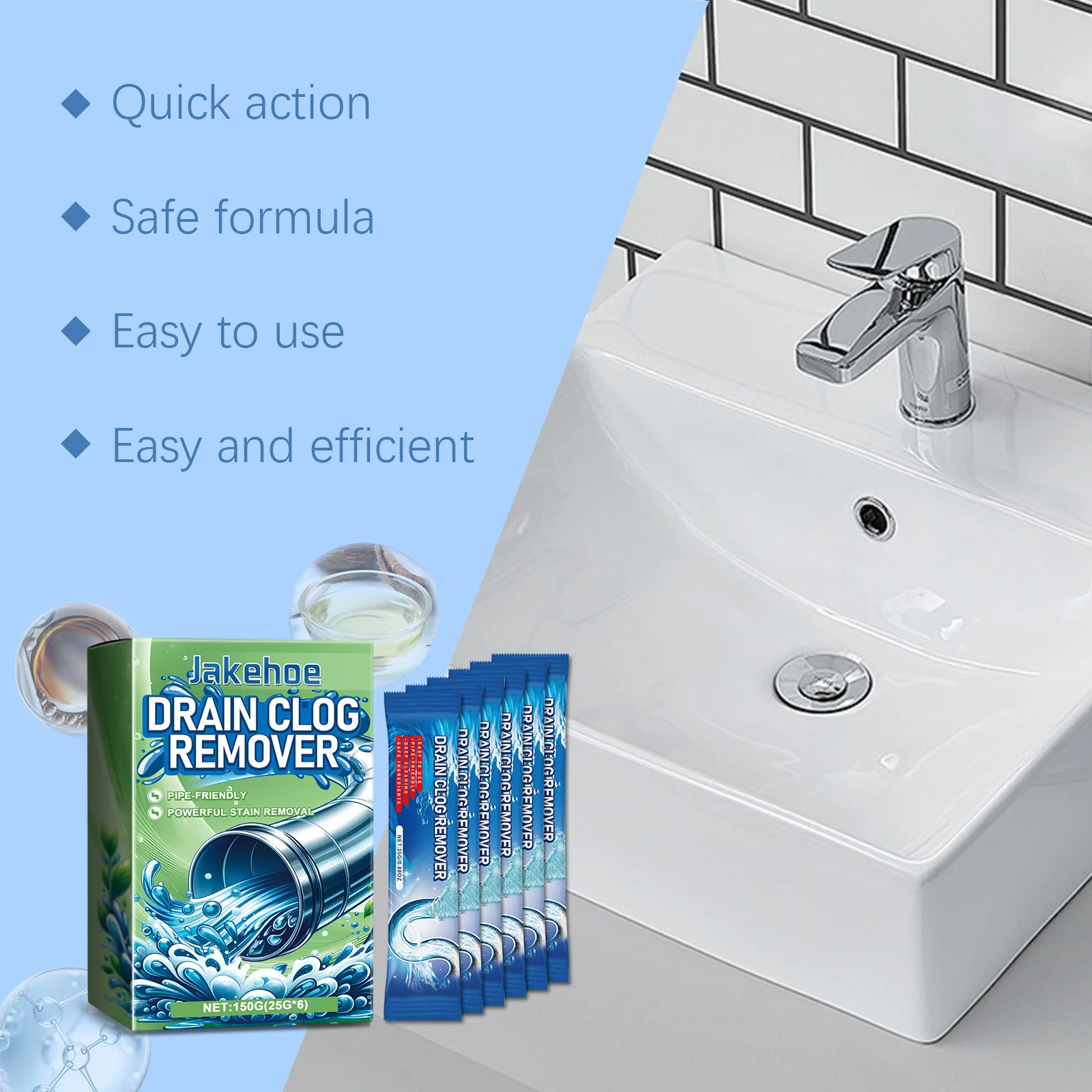 Jakehoe 25gx6 Pipe Dredging Powder Drain Cleaner Deodorant Sewer Cleaning Remove Odor Lasting Aroma Pipe Clog Remover Powder