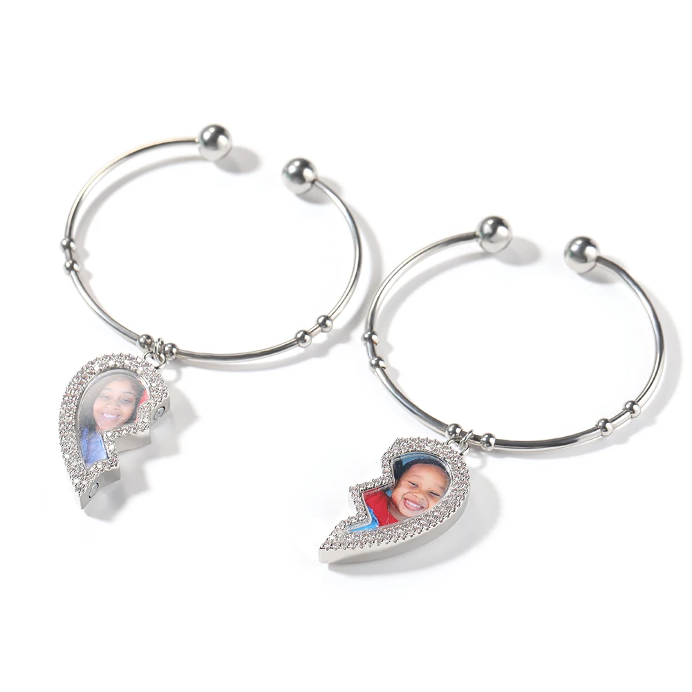 THE BLING KING Stainless Steel Cuff Bangle DIY Broken Heart Magnetic Photo Pendant Two Pictures Iced Out CZ Family Lover's Gift