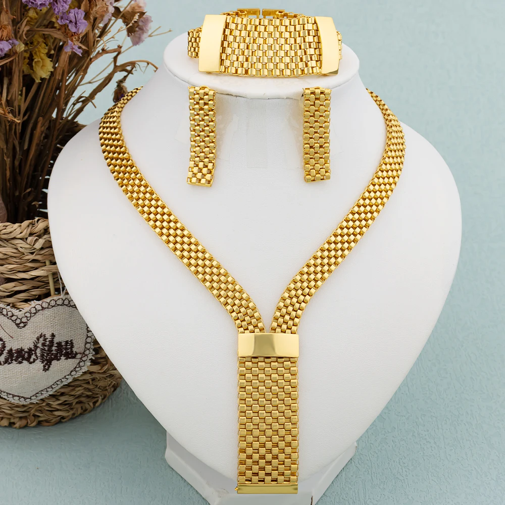 Ensemble De Bijoux Femme En Or Carré - Collier, Bracelet, Boucles D'oreilles, Personnalisable, Cadeau Fête