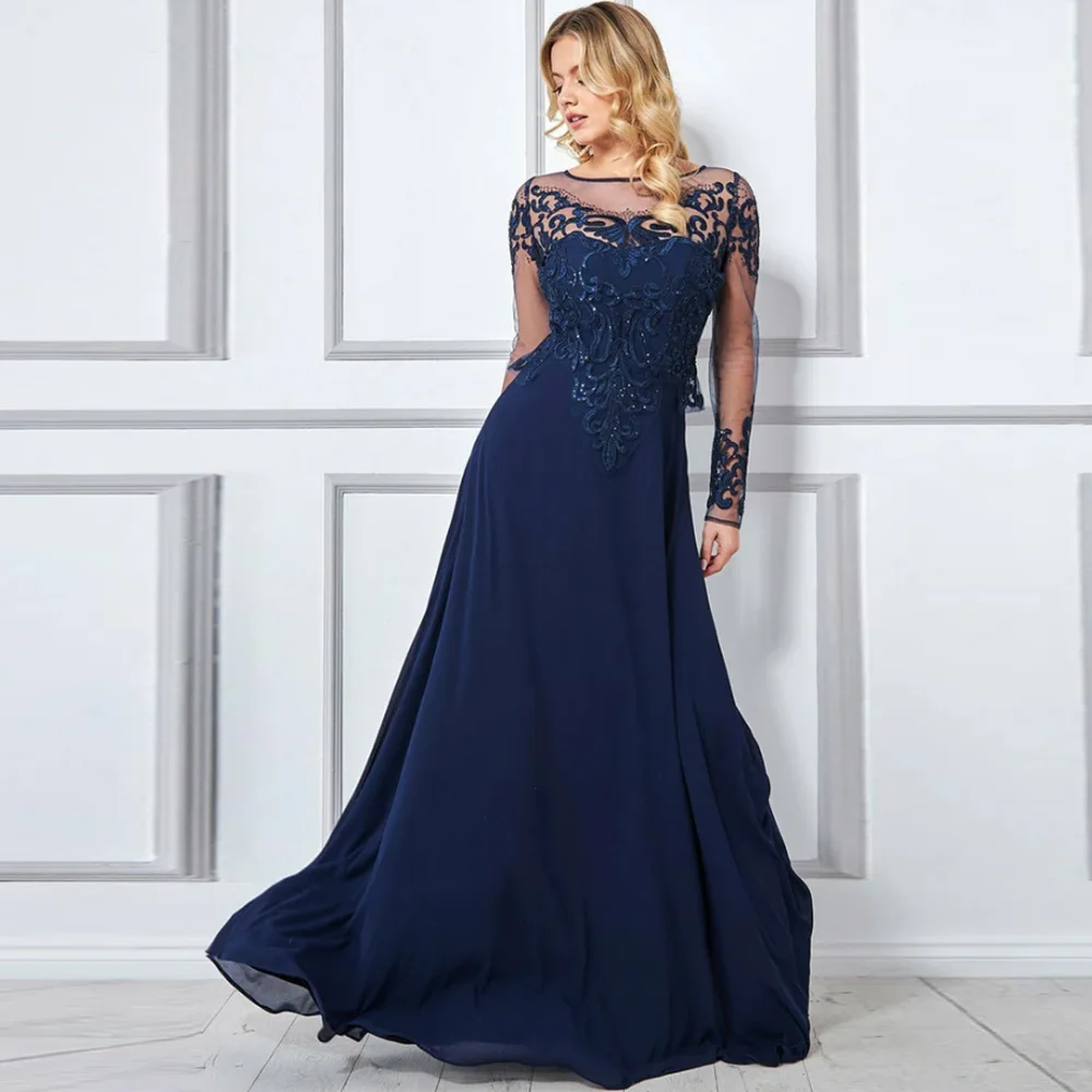 

Classic Navy Mother of the Bride Dresses O Neck Long Sleeves Wedding Party Gowns Appliques Floor-Length A-line فساتين السهرة
