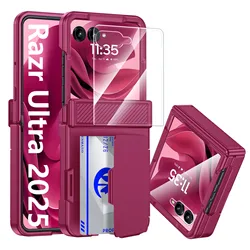 Premium Blue Case with Card Clip, Hinge Protection, RFID Shielding, and Screen Protector - Ideal Christmas Gift for Motorola Razr 2025 (Rose Red)