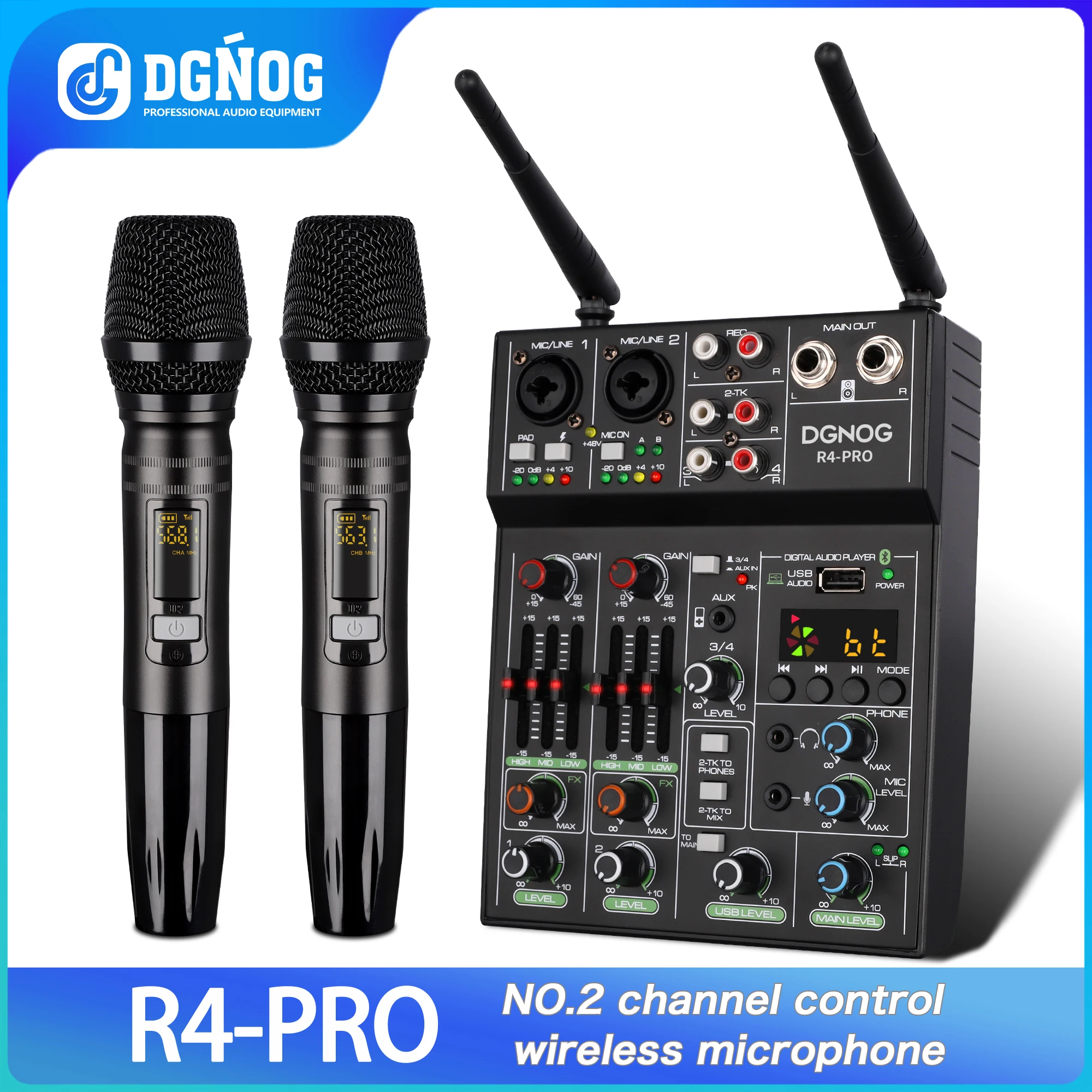 Oswald padle basen DGNOG Audio Mixer R4-PRO 4-channel Wireless Microphone USB Bluetooth Rec DJ  Console for Home Karaoke Stage Recording Studio