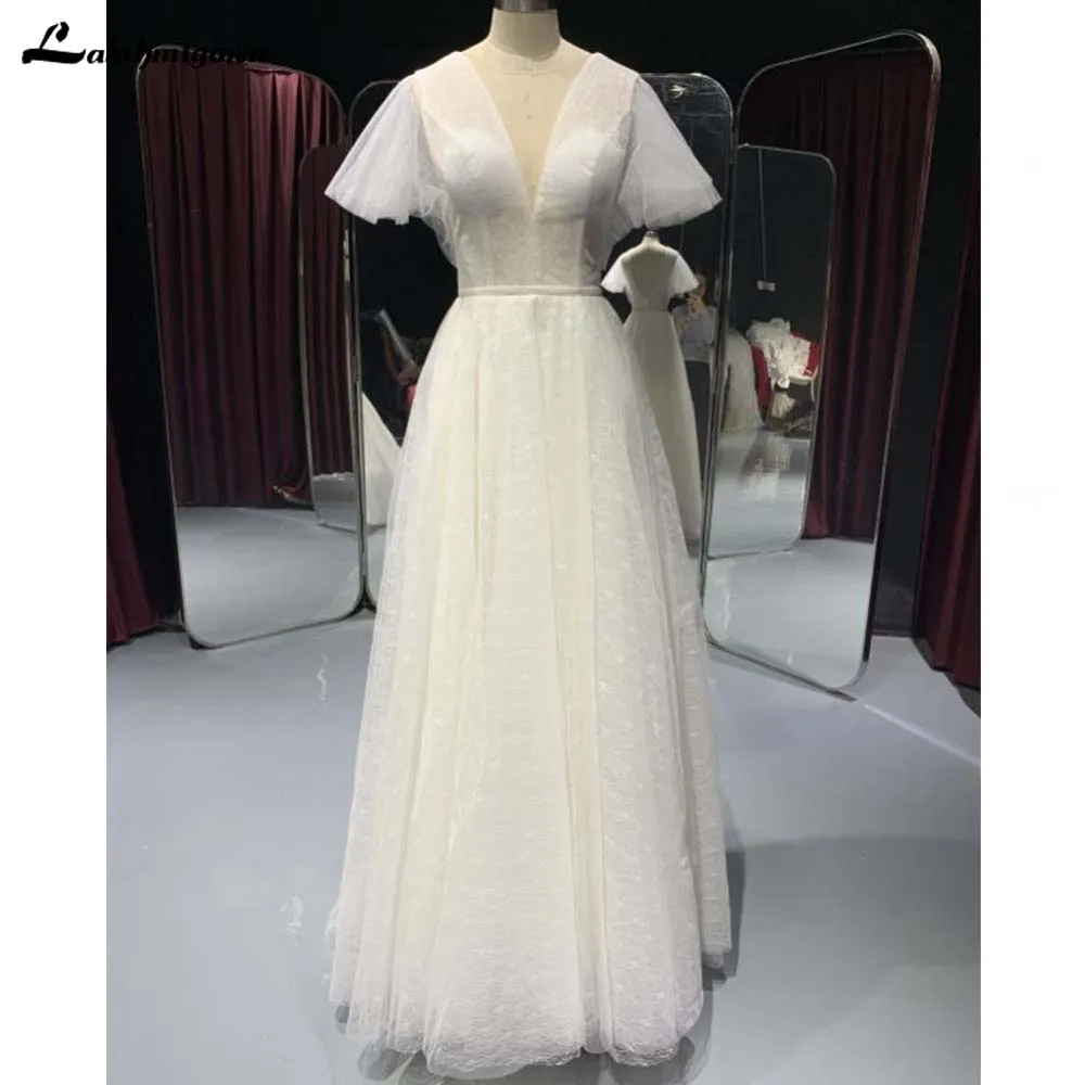 

Simple Ivory Wedding Dresses Women 204 A-Line Puffer Short Sleeve V-Neck Pleat Tulle Open Back Wedding Party Gowns robe de marie
