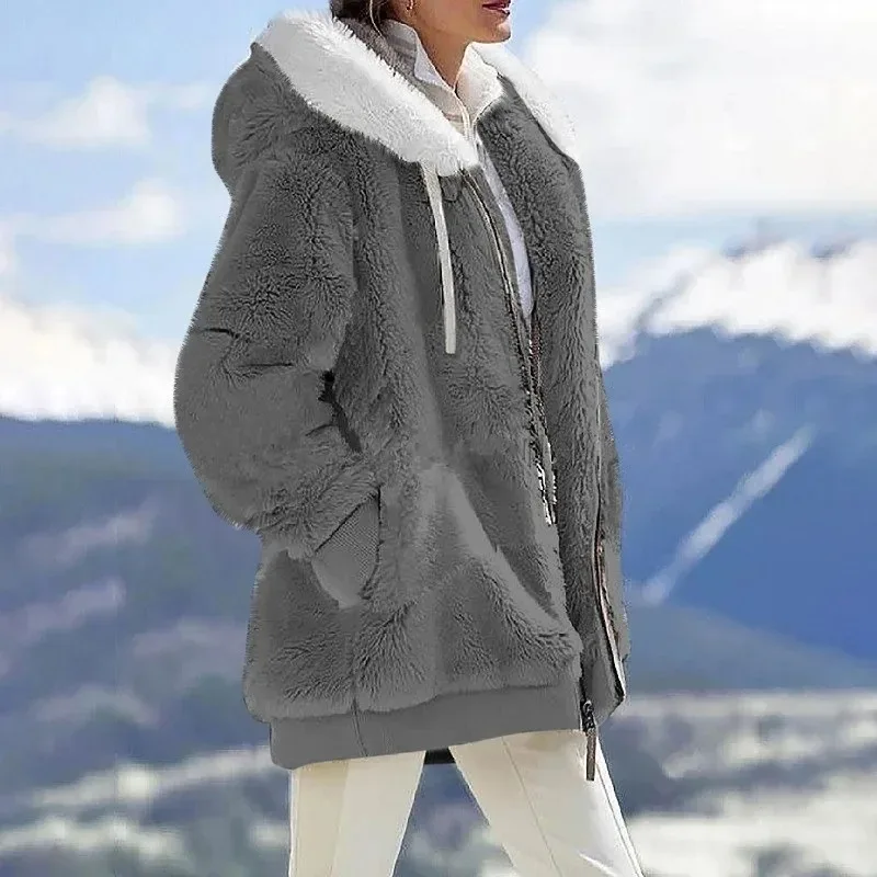 Autumn Winter Fashion Women's Coat New Casual Hooded Zipper Ladies Clothes Cashmere Women Fleece Jacket Solid Color Ladies Coats 6