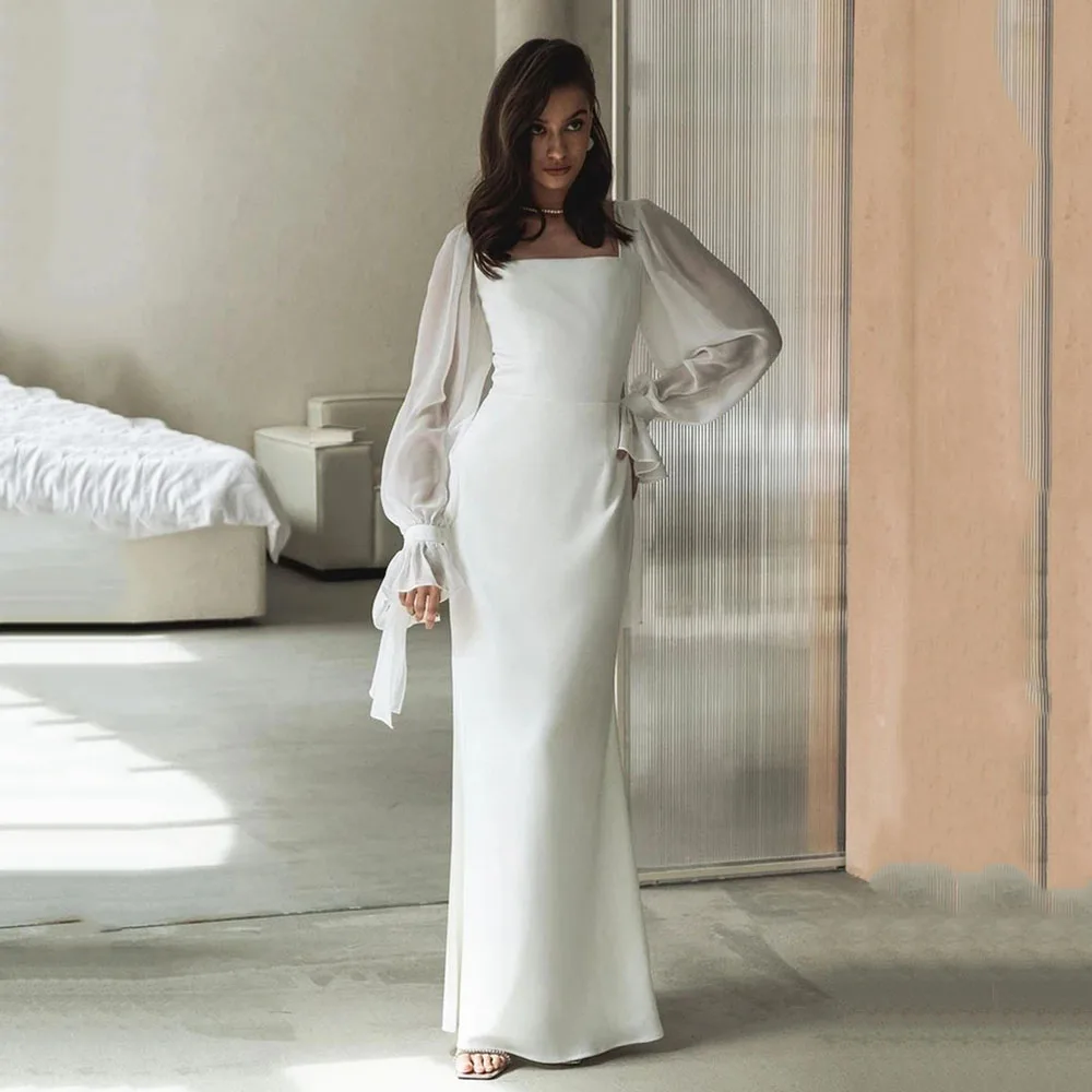 SoDigne Simple Wedding Dresses Square Neck Puff Sleeves Bodycon Satin Bride Dresses Vintage Bridal Gown Floor length Customized 17 A32fd7fad86af4ad09b8f37e2d832486dZ