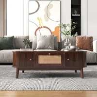 Anajqaqia Table basse avec tiroirs en rotin et portes coulissantes, table basse en rotin de style campagnard, table de canapé pour salon, bureau 3