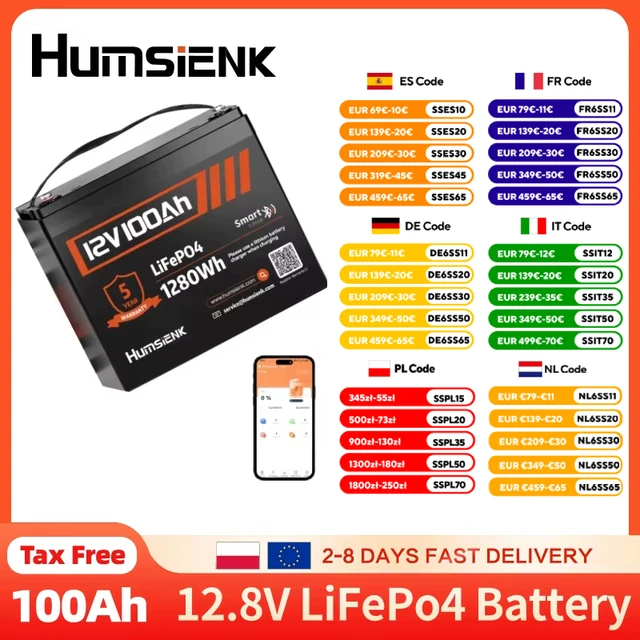 Batterie LiFePO4 Humsienk 12V 100Ah avec BMS 100A et Bluetooth, 15000 cycles, batterie au phosphate de fer et de lithium pour stockage d'énergie solaire domestique 1