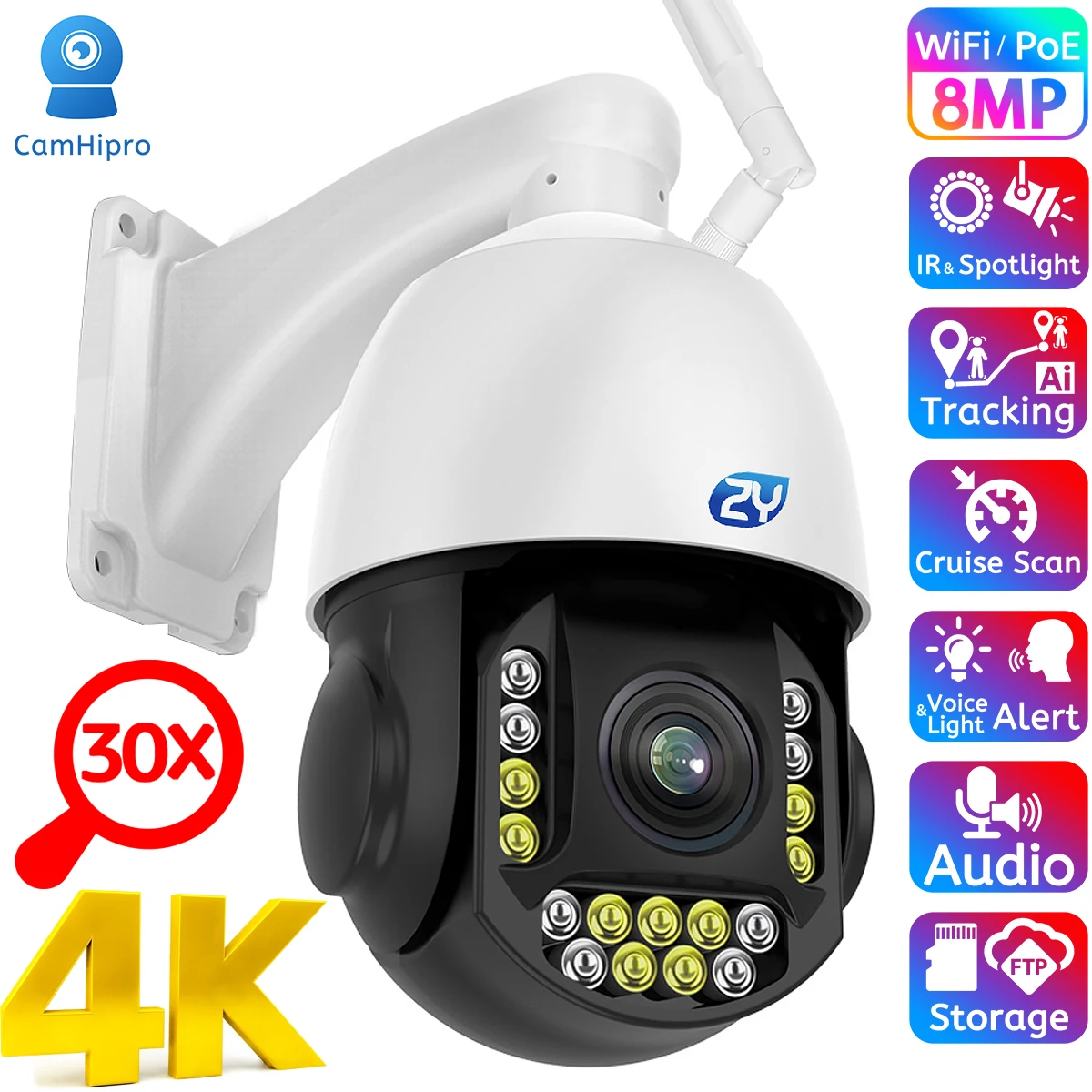 Caméra de Surveillance Ampoule 4K 8MP Zoom 10X Lecteur + Carte 128G